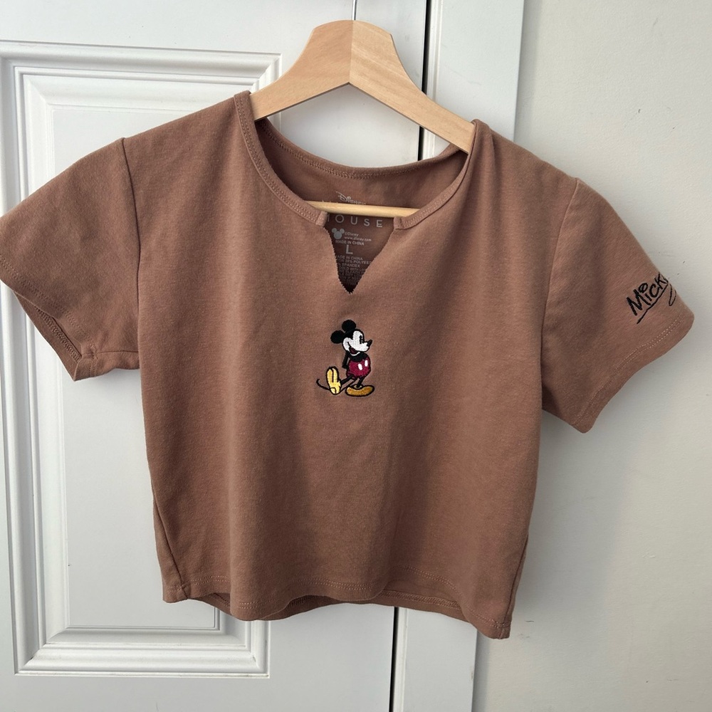 Disney Brown Cropped Tee with Mickey Embroidery